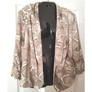 Roz & Ali Open Front Blazer Size 2X Brown Beige Snake Print Lightweight Lined